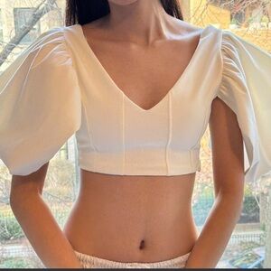 Zara Cream Puff Sleeve V-Neck Cropped Top